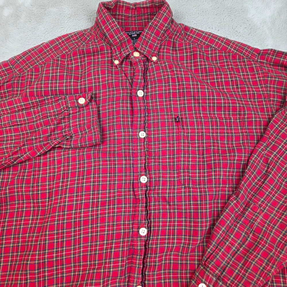 Ralph Lauren Button Down Shirt Mens L Plaid Cotton Long Sleeve Red Tartan Check